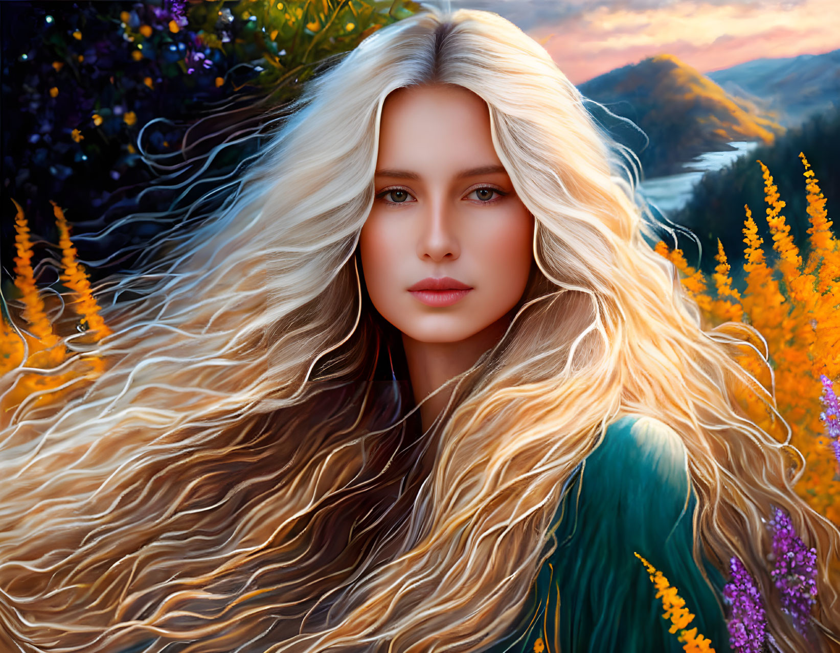 Blonde Woman Portrait in Autumnal Landscape