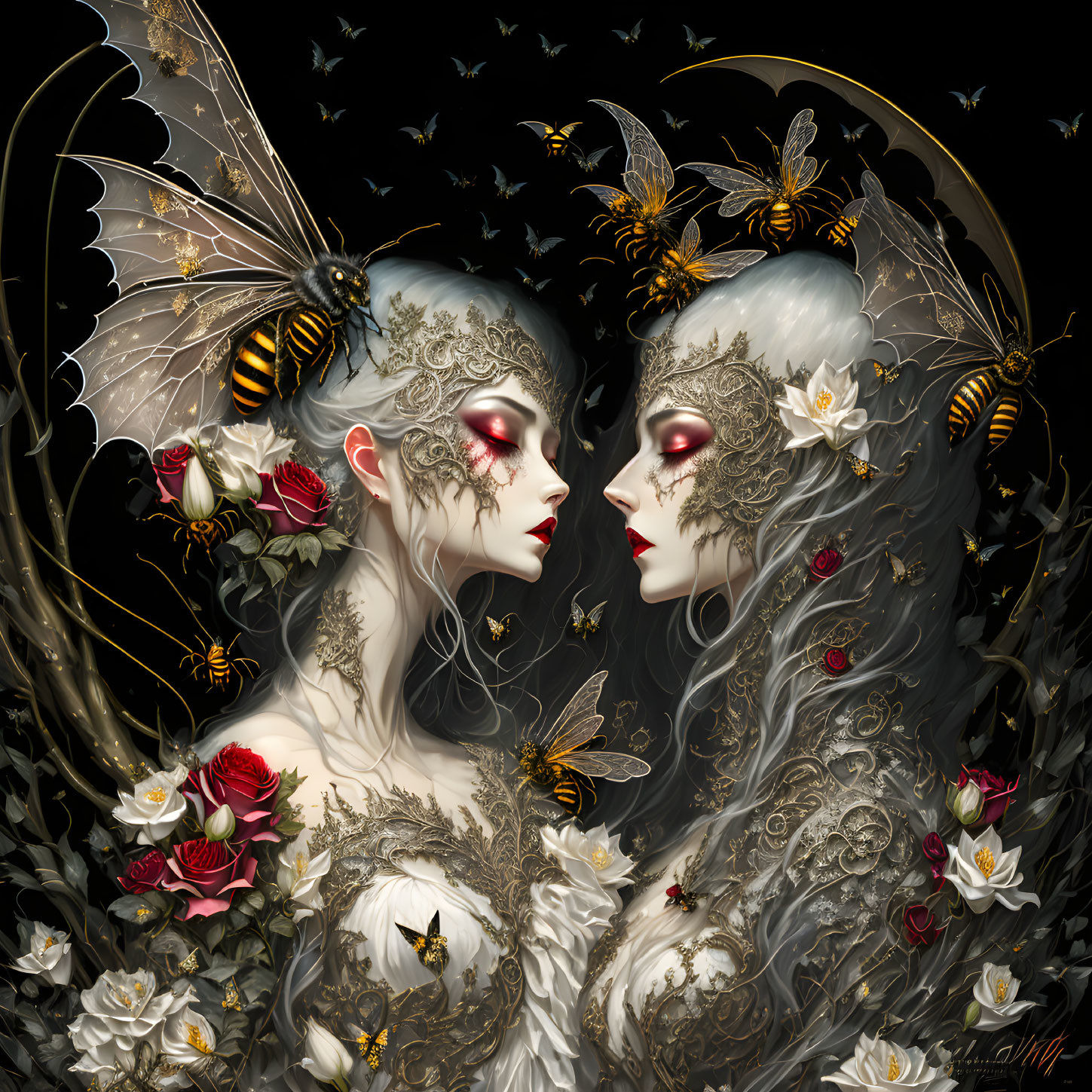 Fantastical figures with bee-themed masks in dark setting