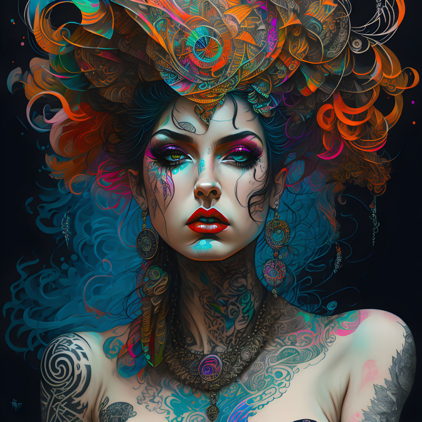 Colorful illustration of woman with intricate tattoos and ornate headdress.