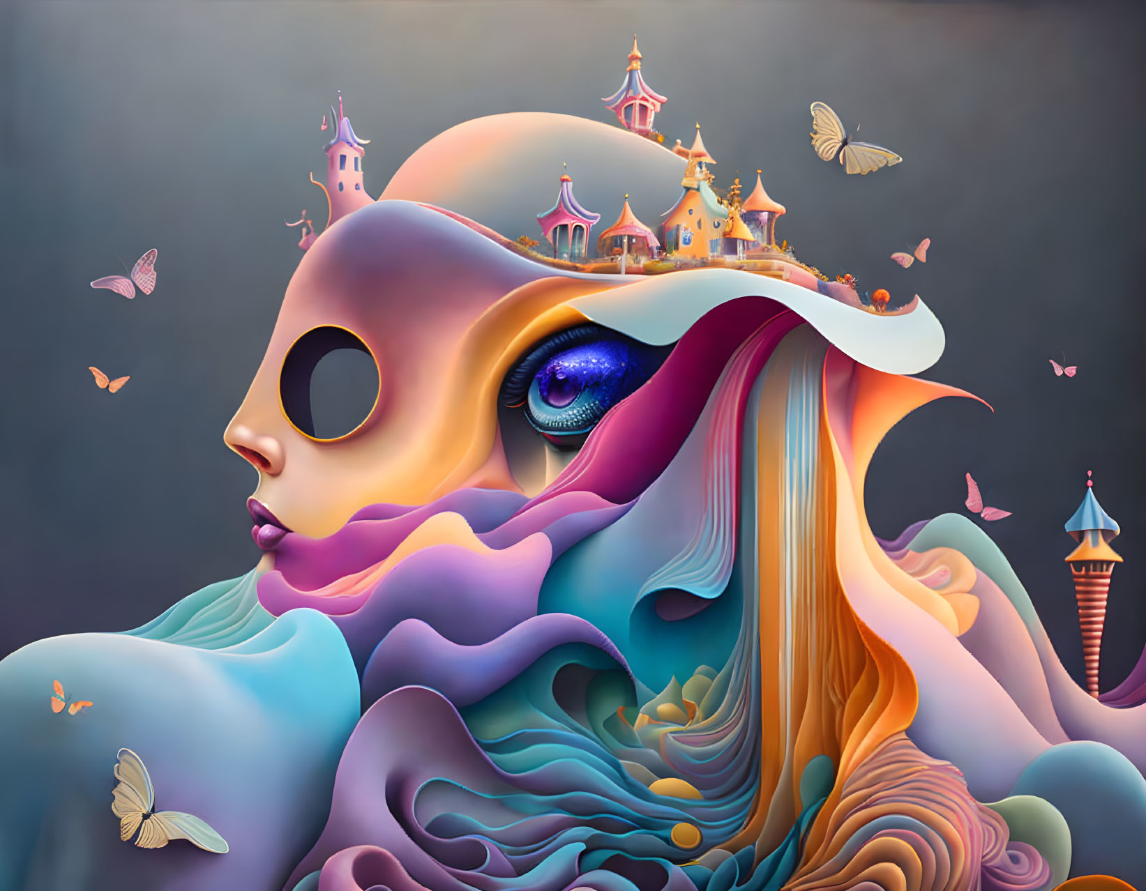 Colorful surreal artwork: female figure with flowing layers, castle, and butterflies.