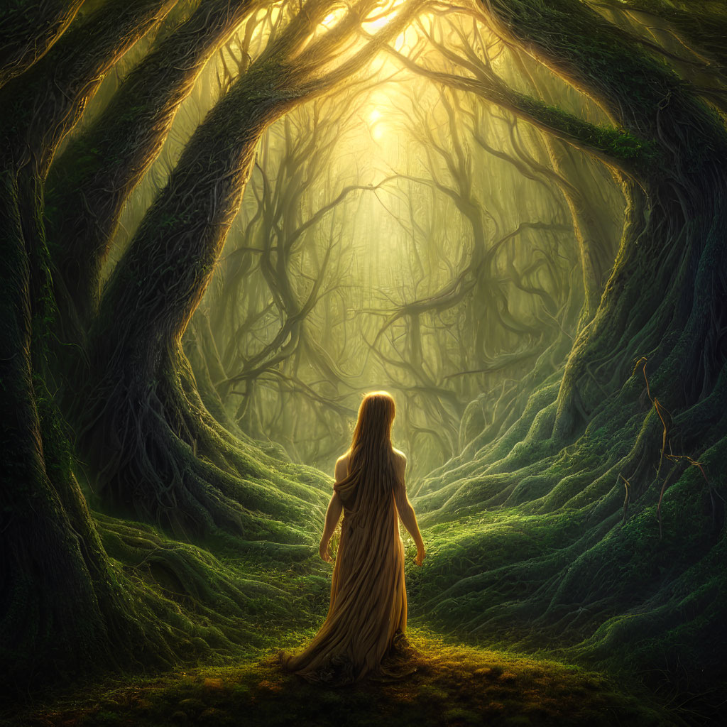 Woman in flowing gown in mystical forest with sunbeams.