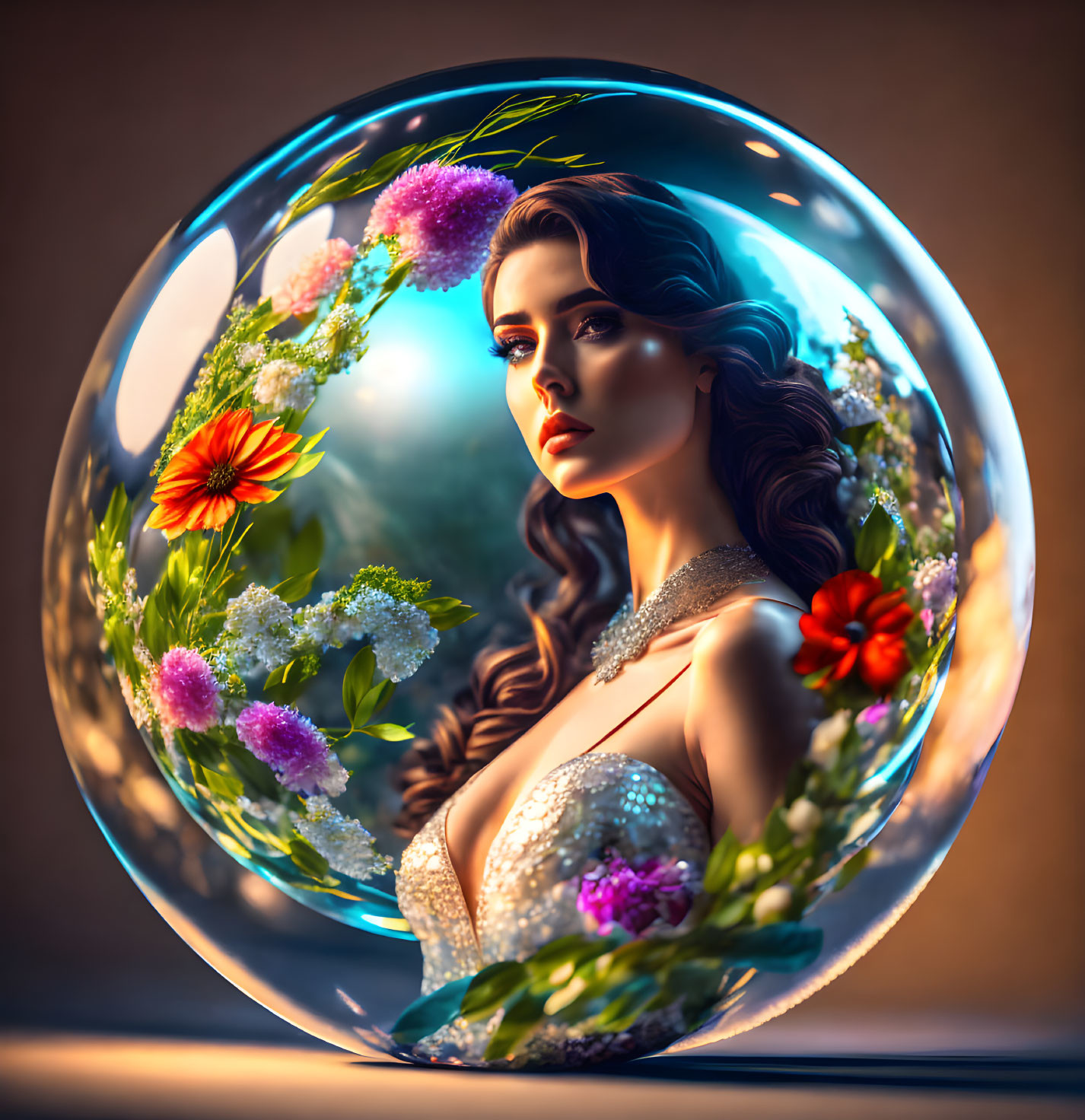 Woman in translucent sphere with vibrant flowers emits serene aura