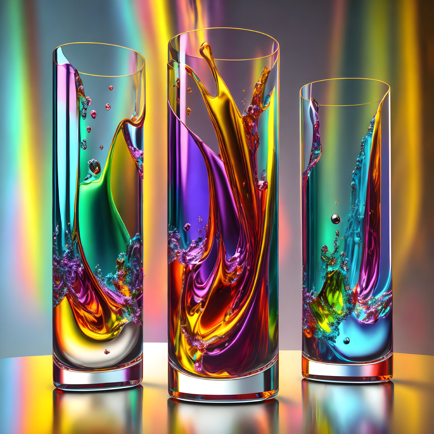 Colorful Liquid Splashes in Clear Glasses on Multi-Hued Background