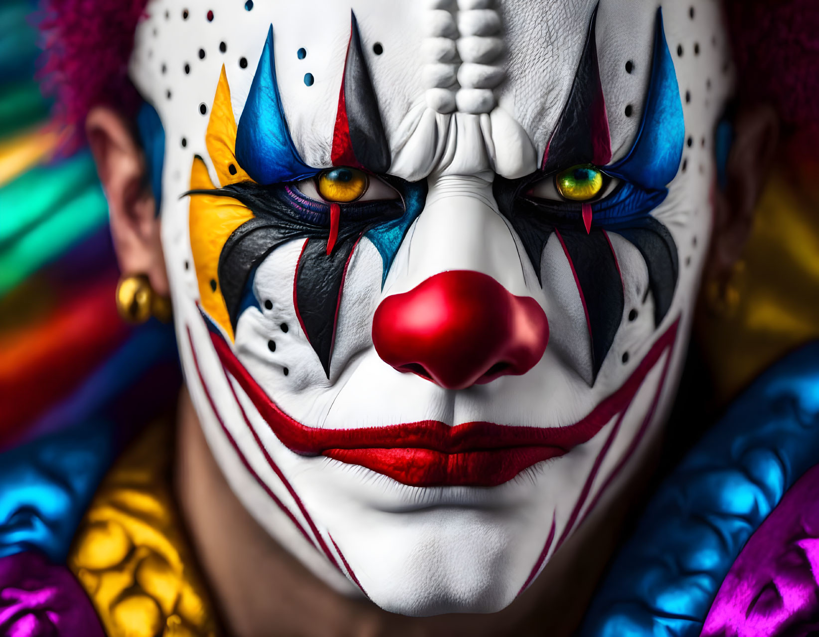 Detailed clown makeup with vivid colors and red nose on a person against multicolored background