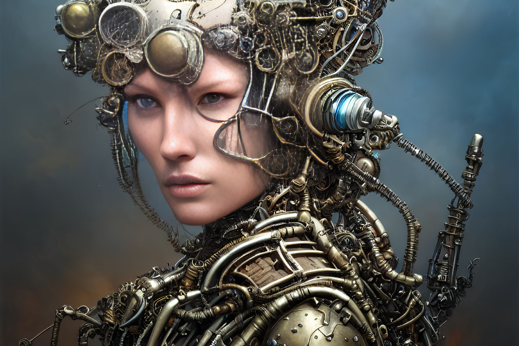 Steampunk cybernetic enhancements with intricate gears and mechanical parts