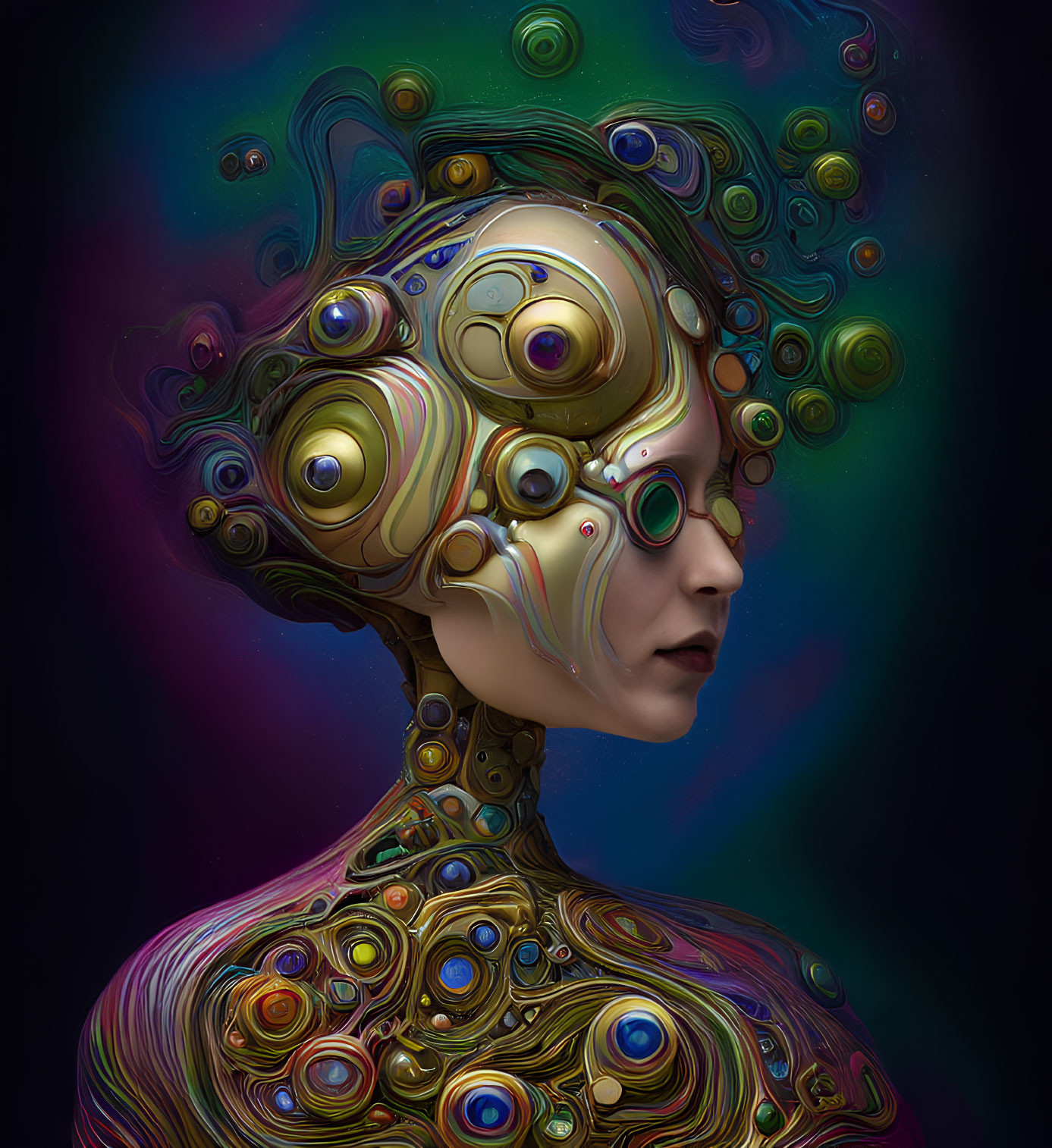 Colorful surreal portrait with metallic patterns and iridescent orbs on dark background