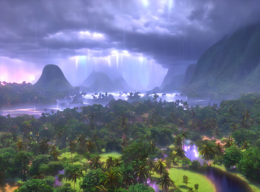 Tropical rainforest landscape during a rainstorm