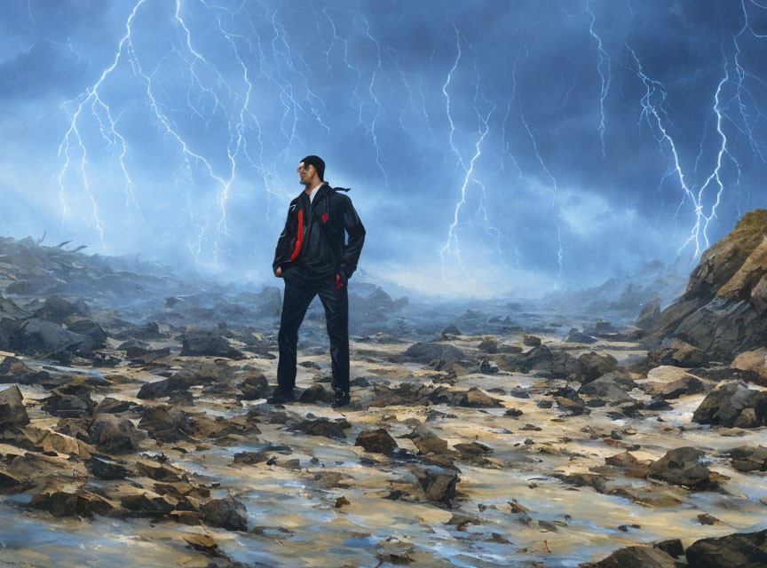 Man with backpack on rocky terrain under stormy sky with lightning strikes.