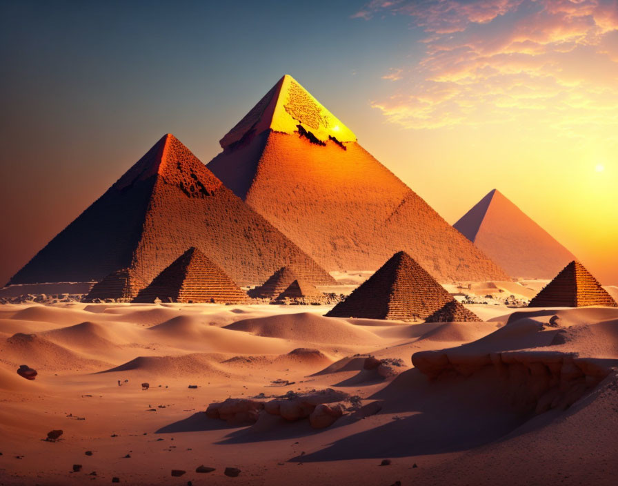 Sunset casting shadows over Great Pyramids of Giza in golden desert.