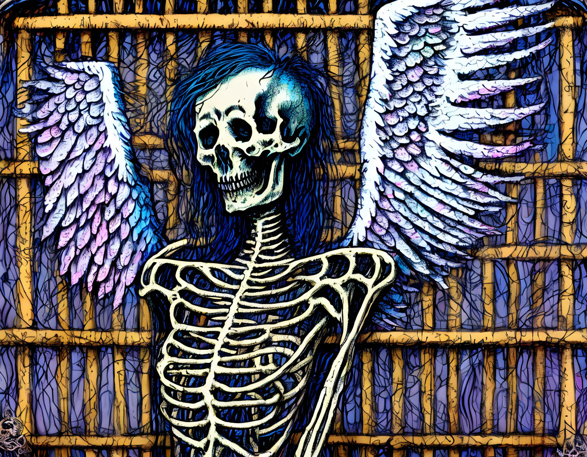 Blue-hued stylized skeleton with detailed wings in a gothic setting