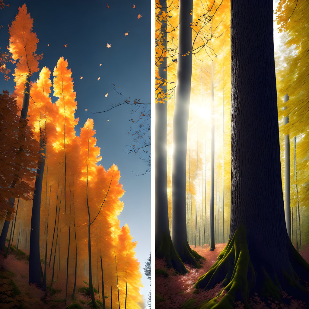 Split Autumn Forest Image: Left Sunset with Orange Leaves, Right Sunbeams through Yellow Foliage