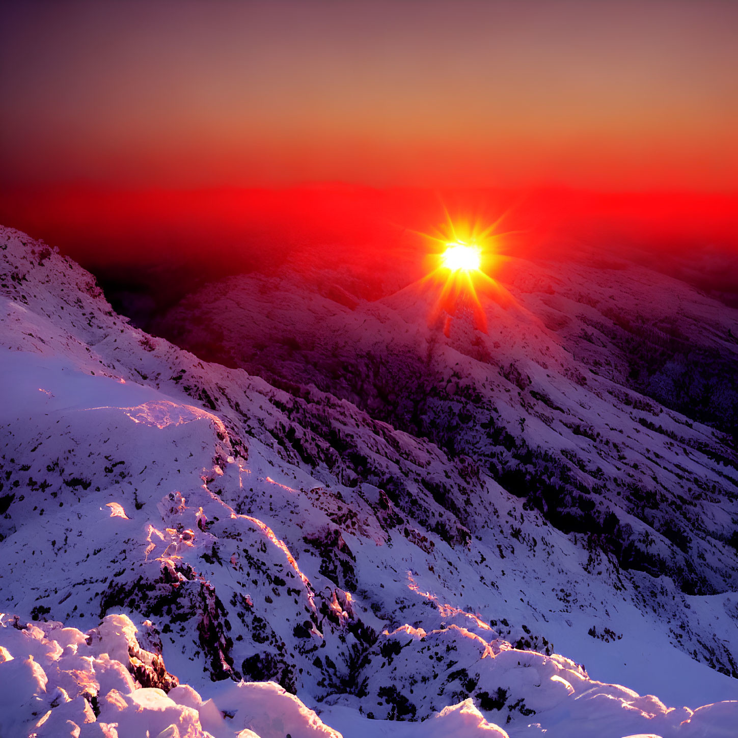 Snowy Mountain Landscape at Sunrise: Warm Glow Against Cool Blues