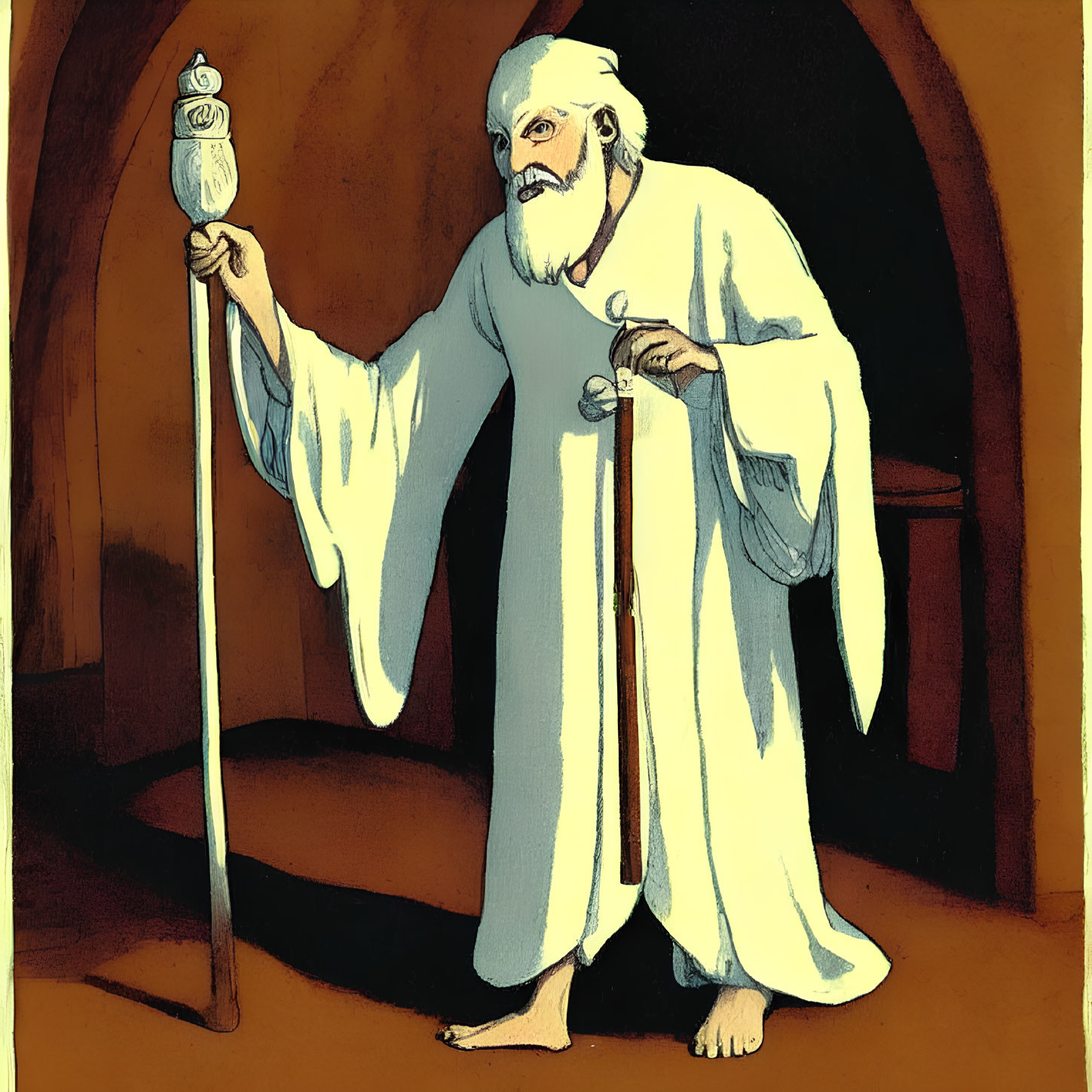 Elderly bearded figure in white robe with staff and flame in cave setting