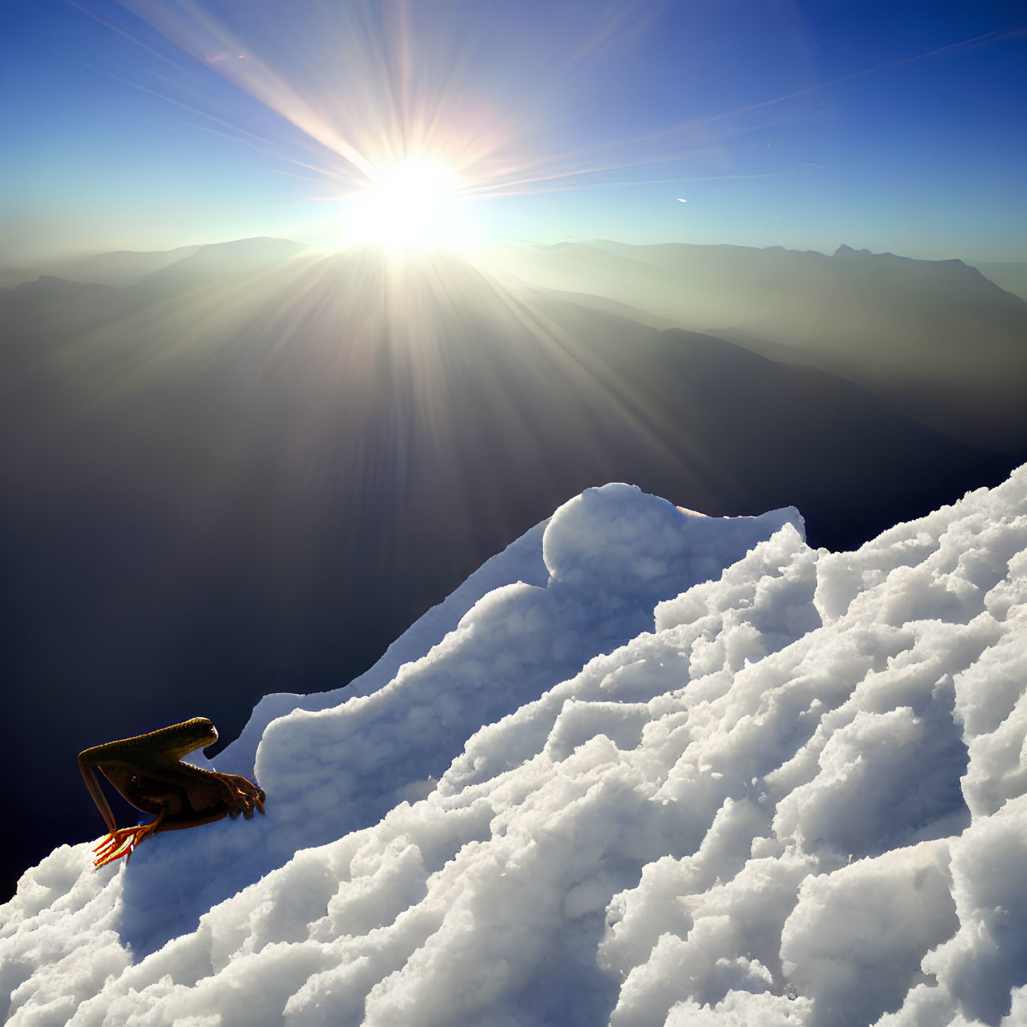 Snowy Mountain Scene: Gloved Hand Emerges Against Sunburst and Silhouettes