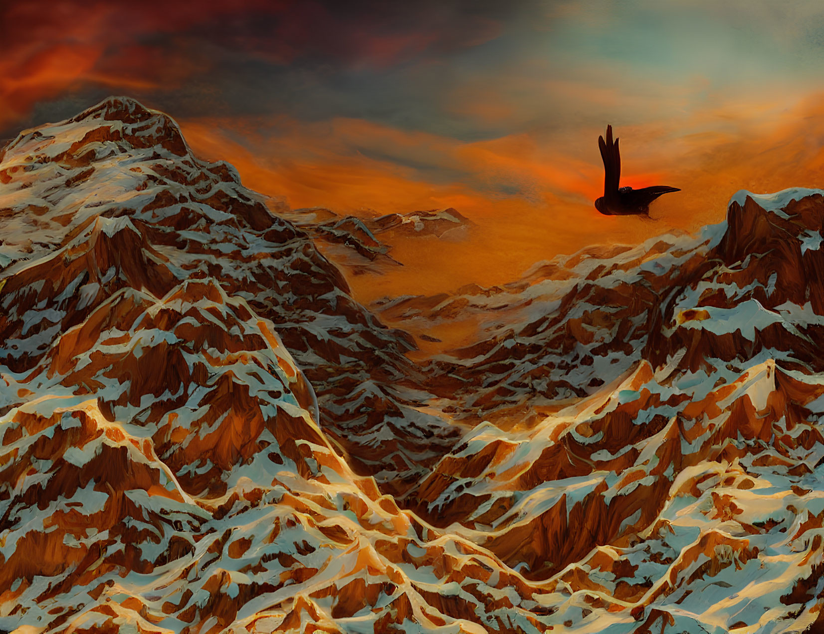 Majestic eagle flying over snow-capped mountains at sunset