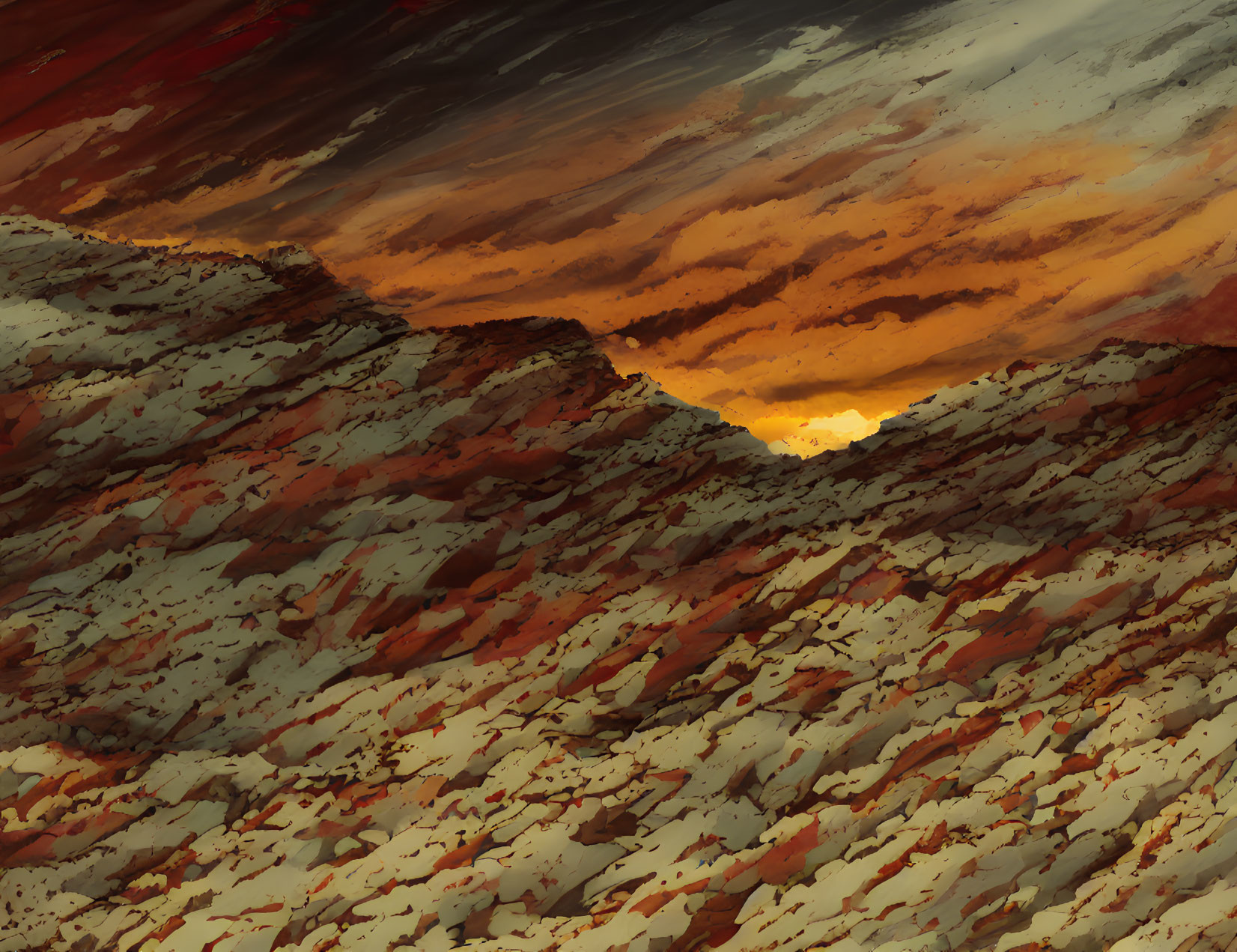 Scenic sunset over rugged rocky landscape in warm hues