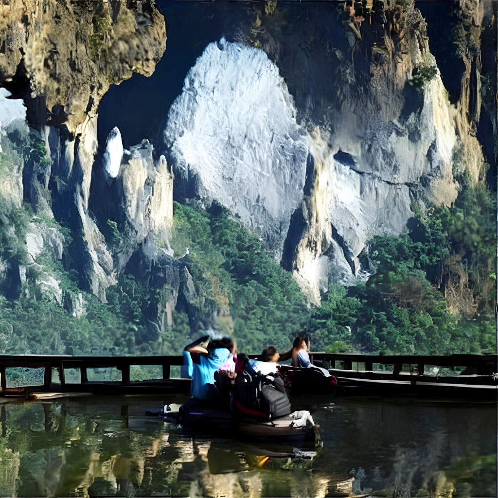 Tourists on raft near large cave entrance in lush setting