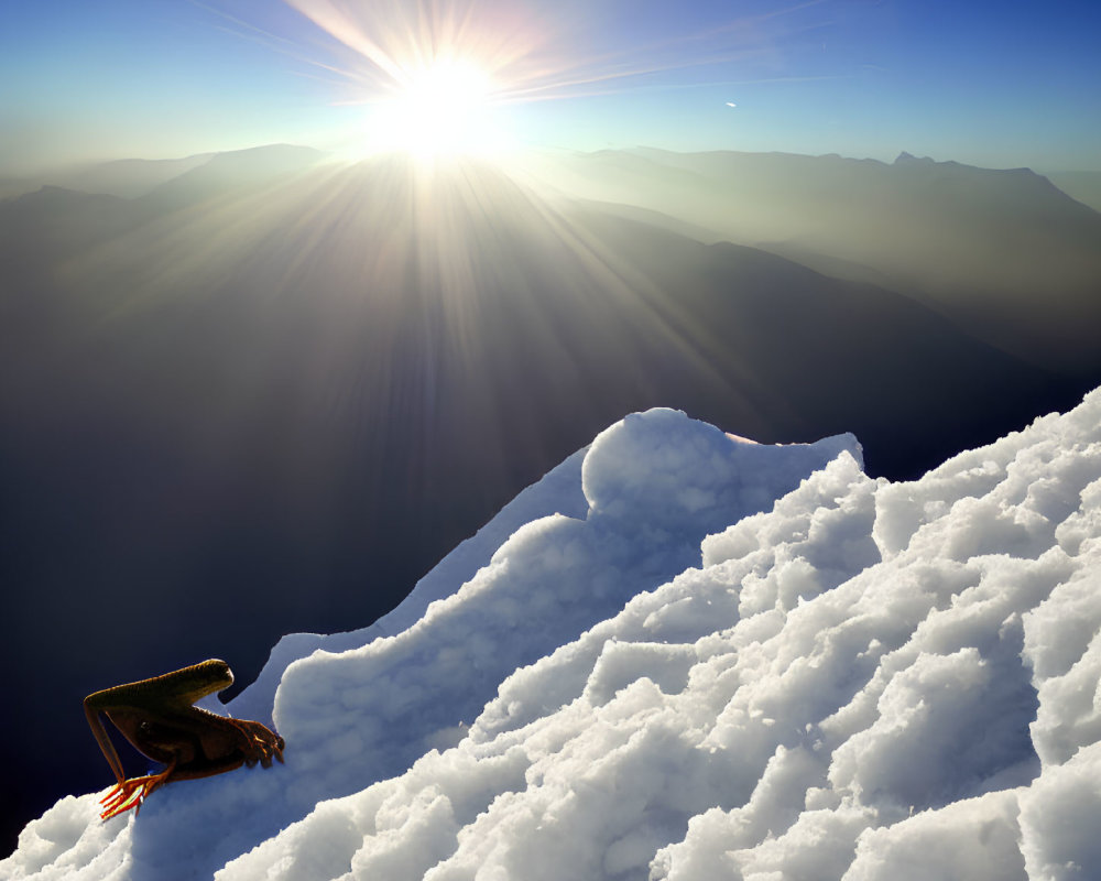 Snowy Mountain Scene: Gloved Hand Emerges Against Sunburst and Silhouettes