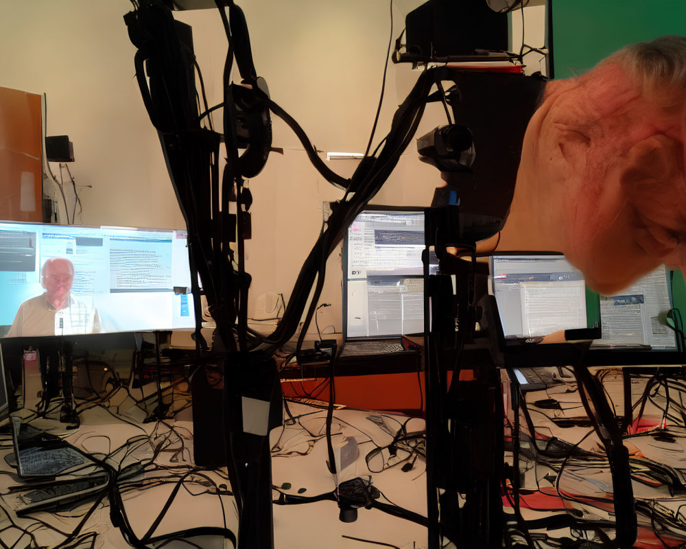 Broadcast set with cameras, screens, tangled wires, and man's face close-up.