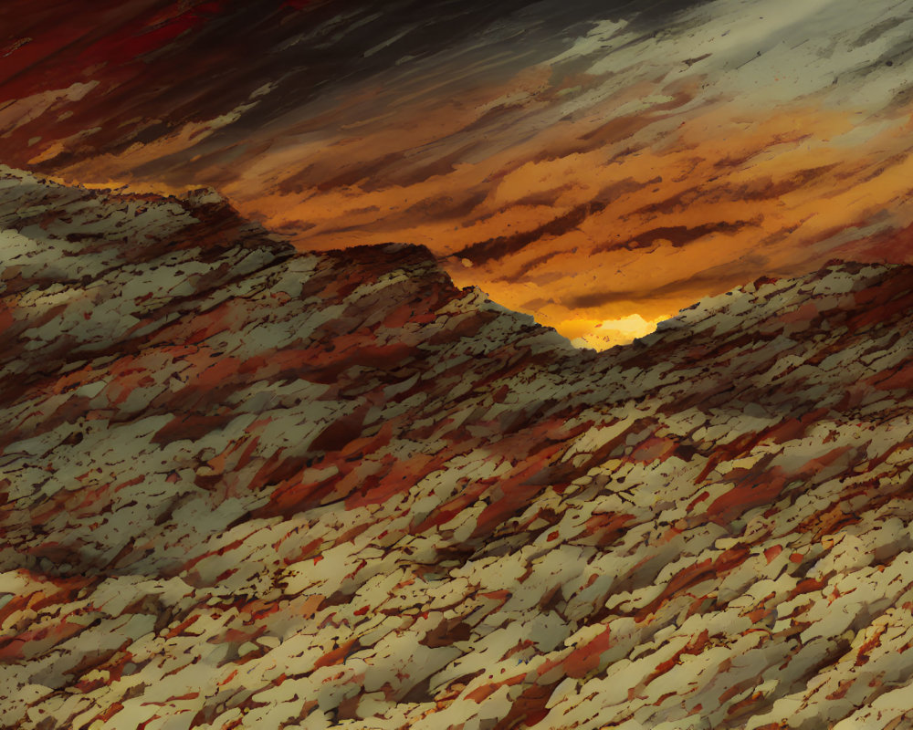 Scenic sunset over rugged rocky landscape in warm hues