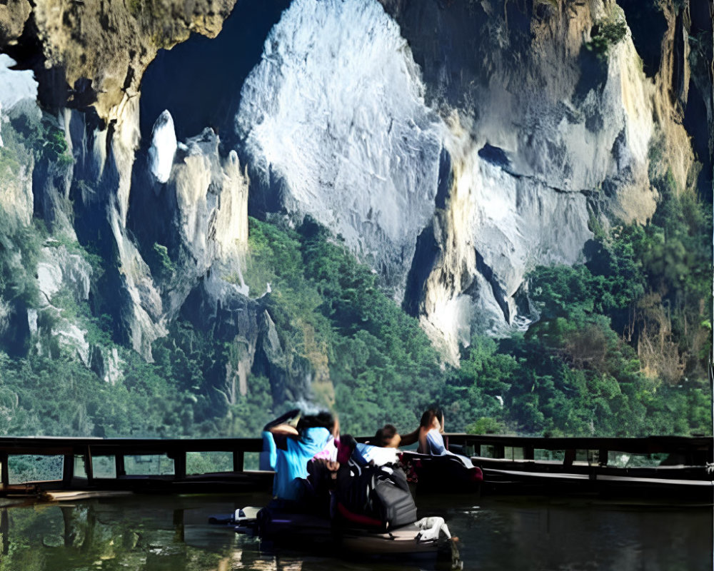 Tourists on raft near large cave entrance in lush setting