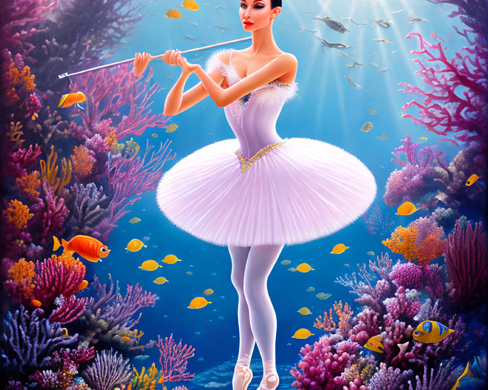 Graceful animated ballerina in white and purple tutu dances underwater among colorful coral reefs and tropical