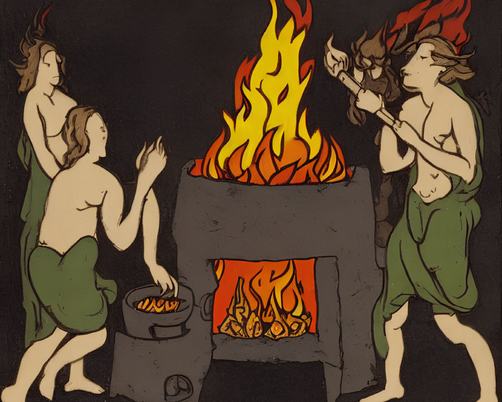 Stylized artwork of three humanoid figures around a blazing fire