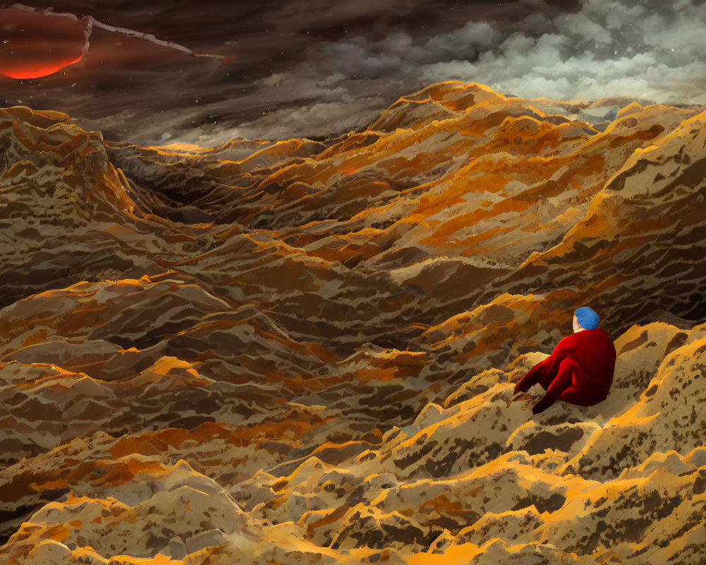 Astronaut in red suit on alien world with dark sky and distant red planet