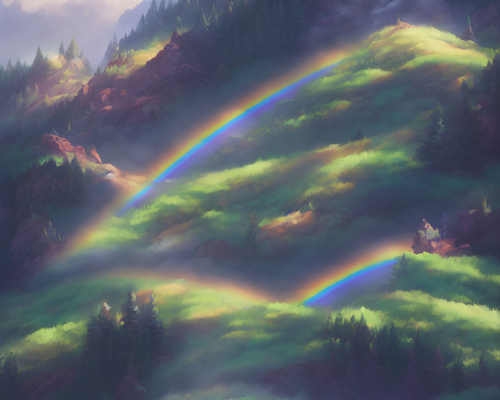 Vibrant double rainbow over misty hillside in soft sunlight