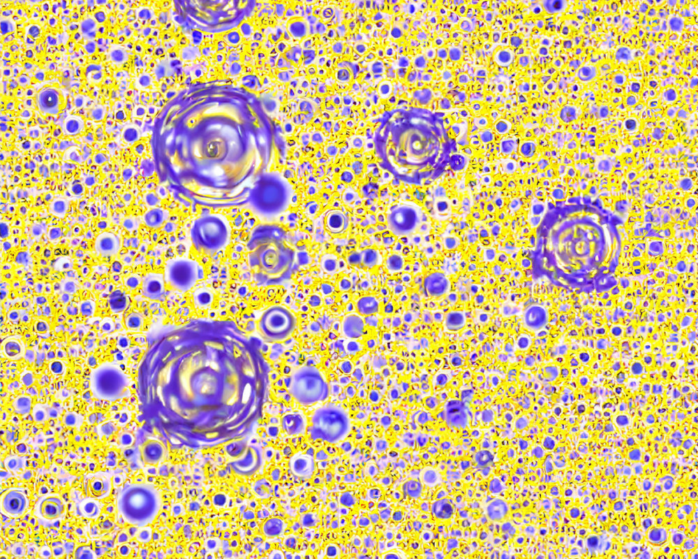 Purple Swirling Patterns and Circles on Yellow Background - Abstract Image