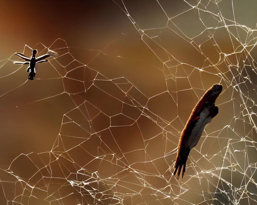 Drone caught in spider's web at sunset with false silhouette of approaching spider.