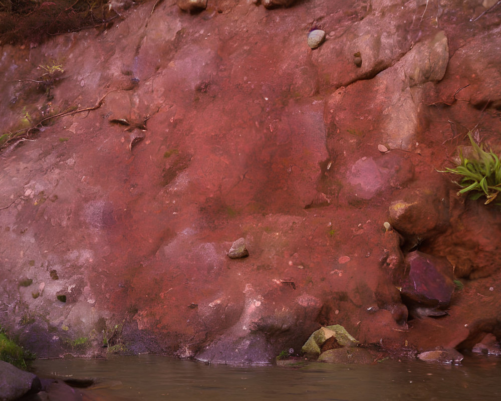 Moist Reddish-Brown Earthy Embankment with Stones and Water Body