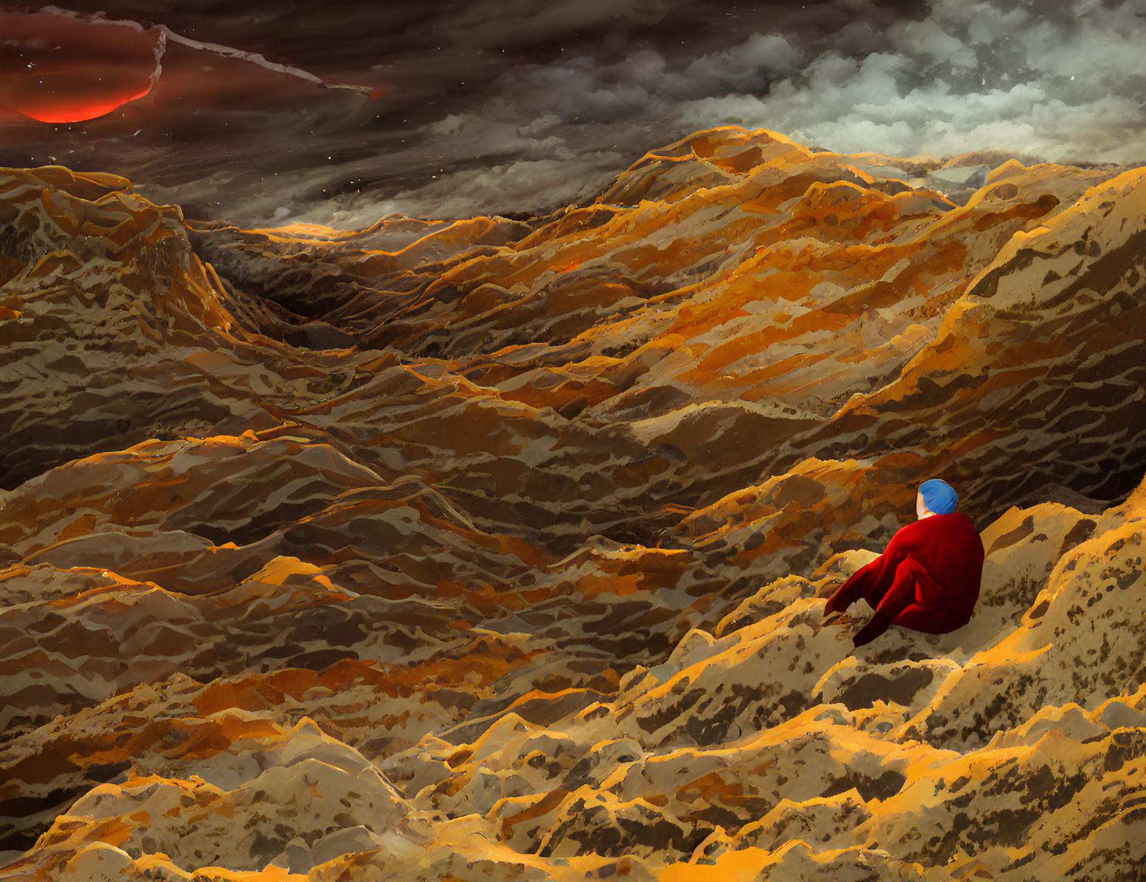 Astronaut in red suit on alien world with dark sky and distant red planet