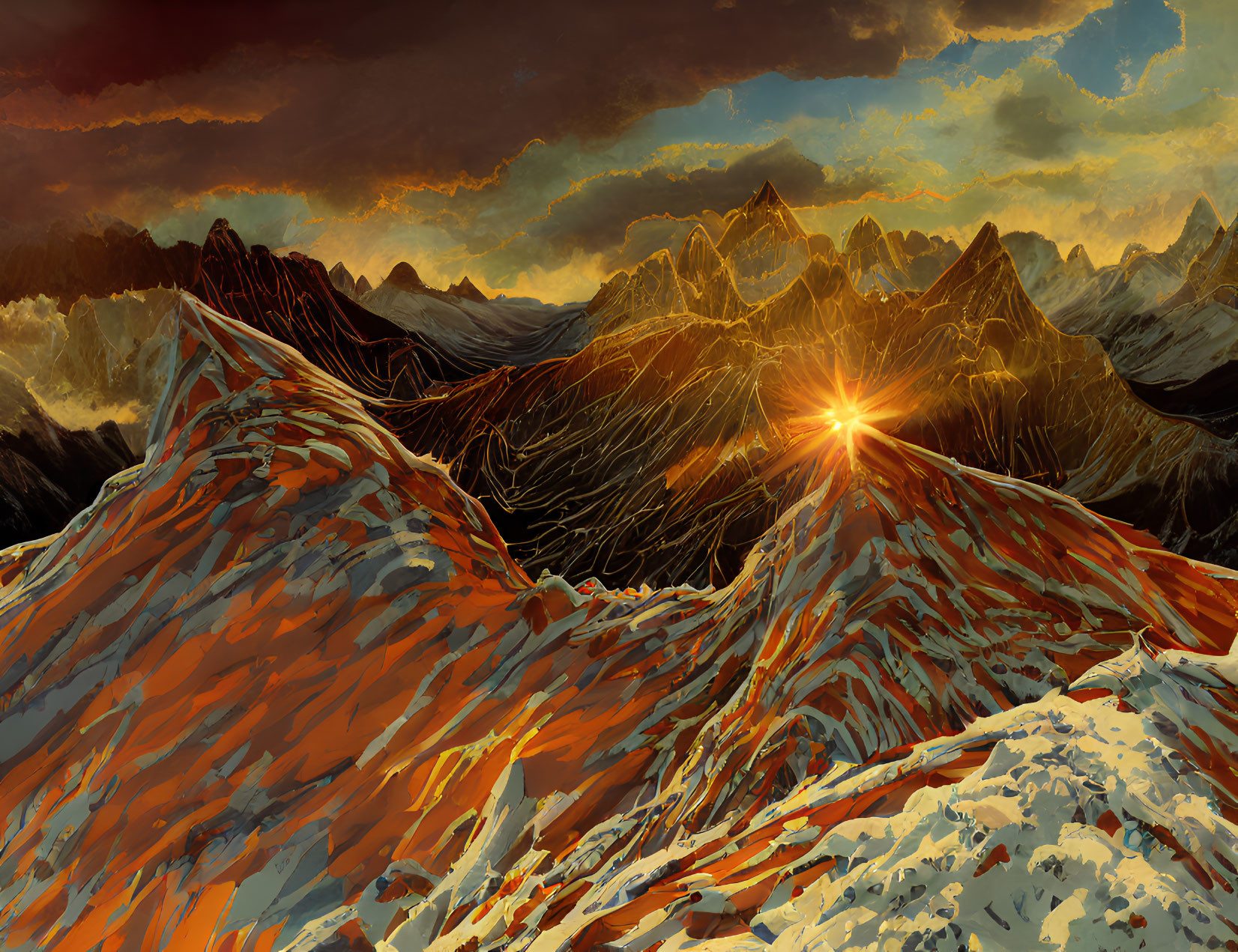 Vibrant sunset over rugged snow-capped mountains