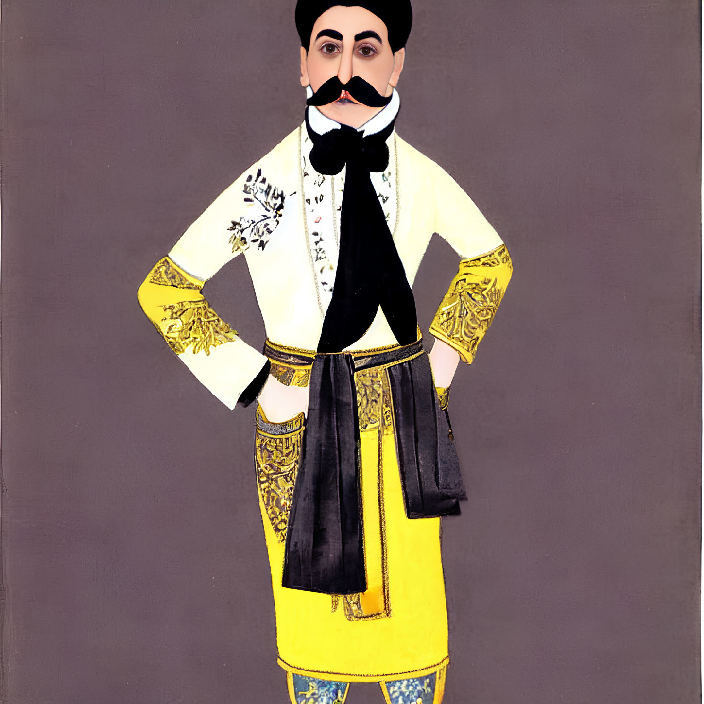 Traditional Attire Illustration: Man with Embroidered Jacket and Large Mustache