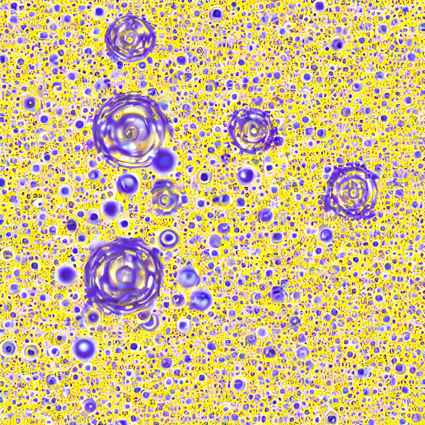 Purple Swirling Patterns and Circles on Yellow Background - Abstract Image