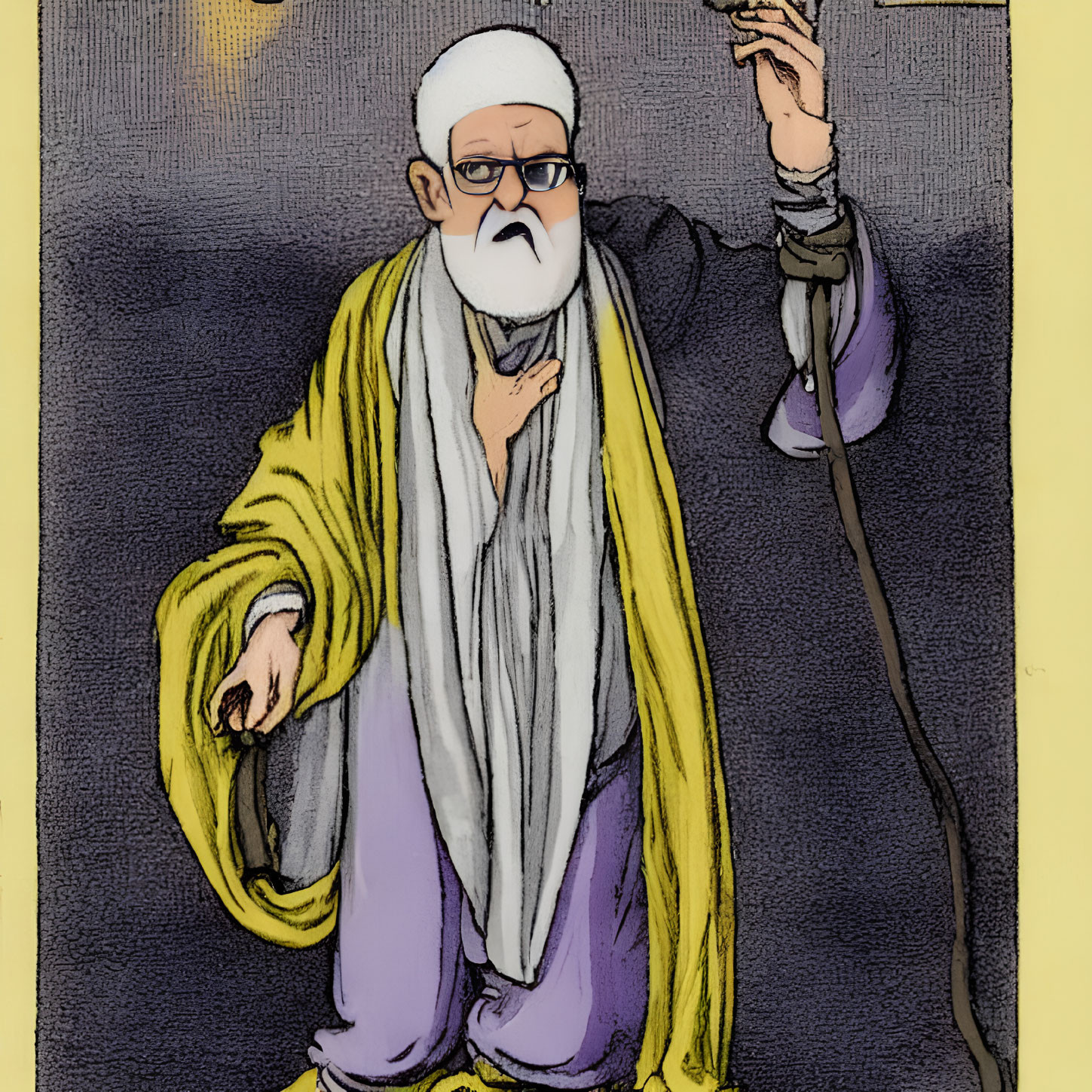 Elderly man in white beard, glasses, yellow cloak, purple pants, holding staff