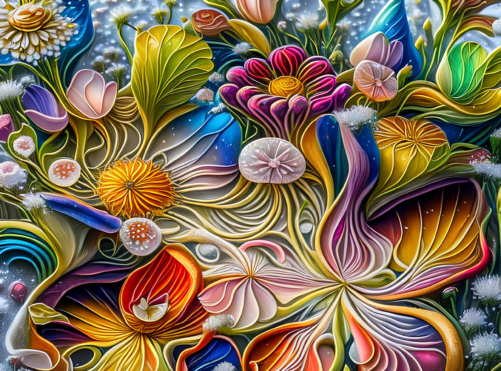 Abstract digital artwork with vibrant flower-like forms and flowing shapes