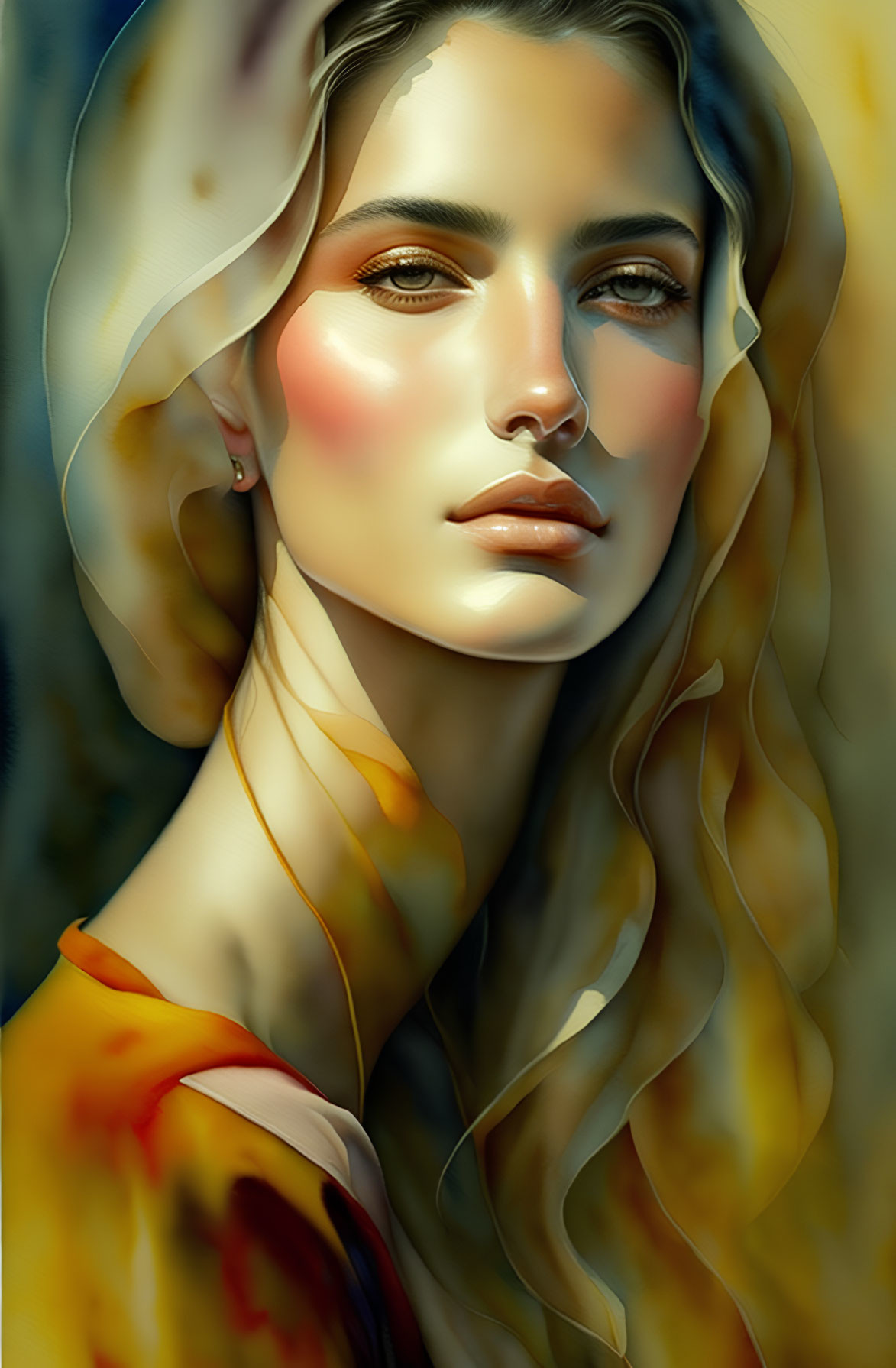 Digital painting of woman in golden attire with green eyes and veil on blue background