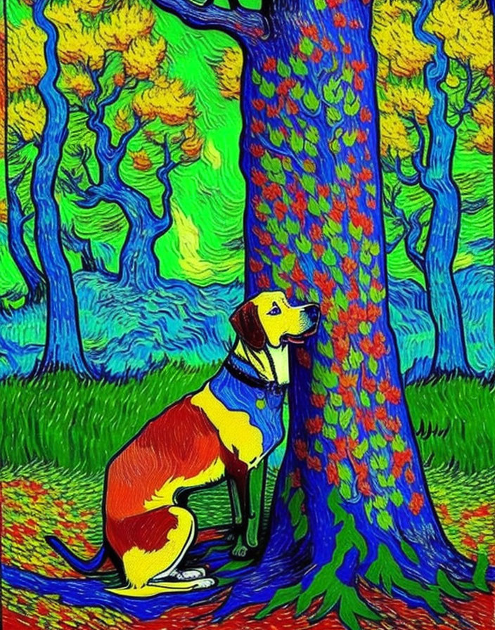 Blue-collared dog sitting under vibrant tree in Van Gogh-style landscape