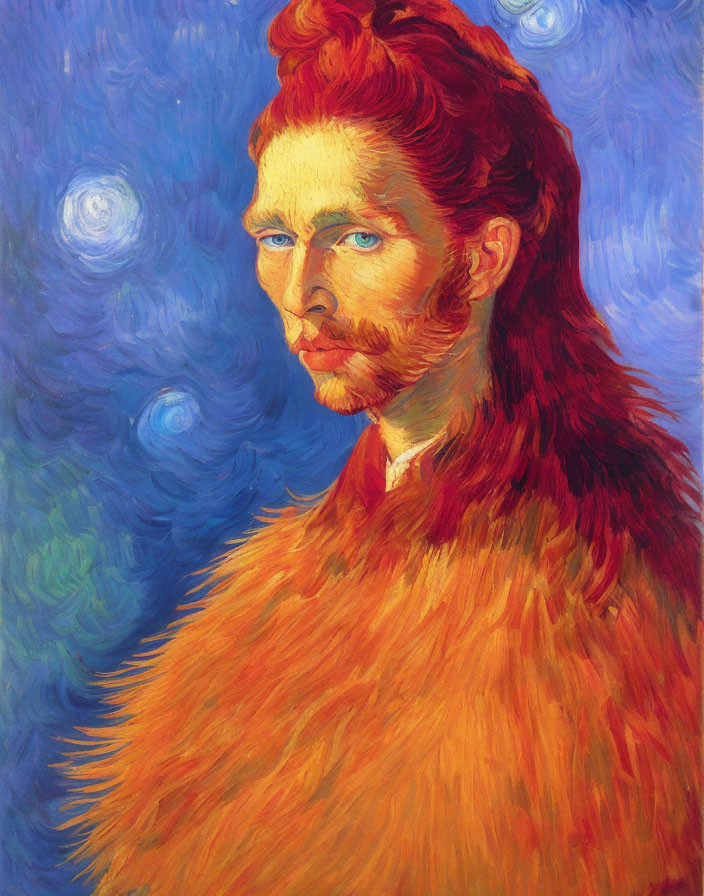 Red-haired man with beard in intense gaze against swirling blue background