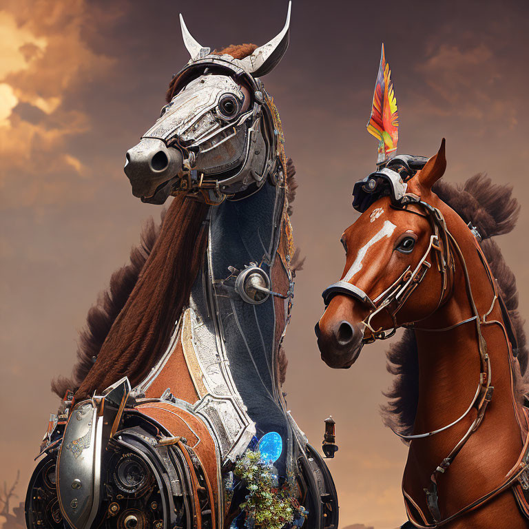 Intricately detailed mechanical horse beside natural brown horse with bridle gear against dusky sky