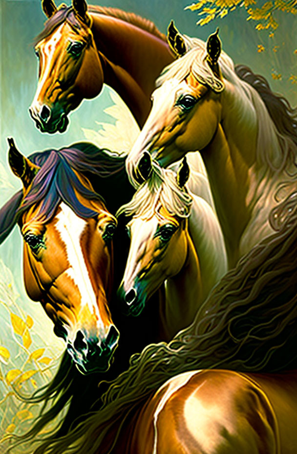 Vibrant stylized artwork of three majestic horses on green and gold background