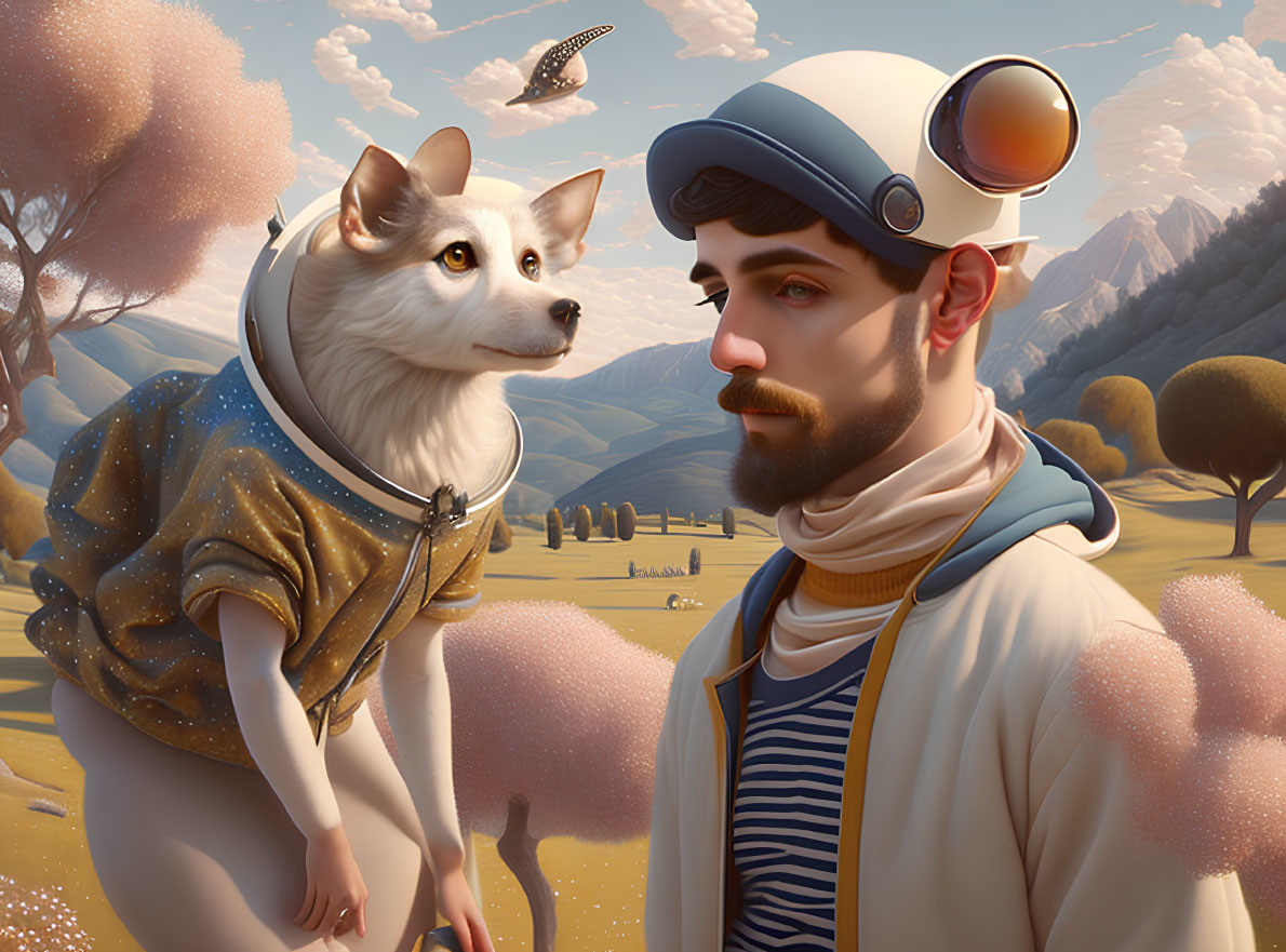 Bearded man and dog in spacesuit in whimsical landscape