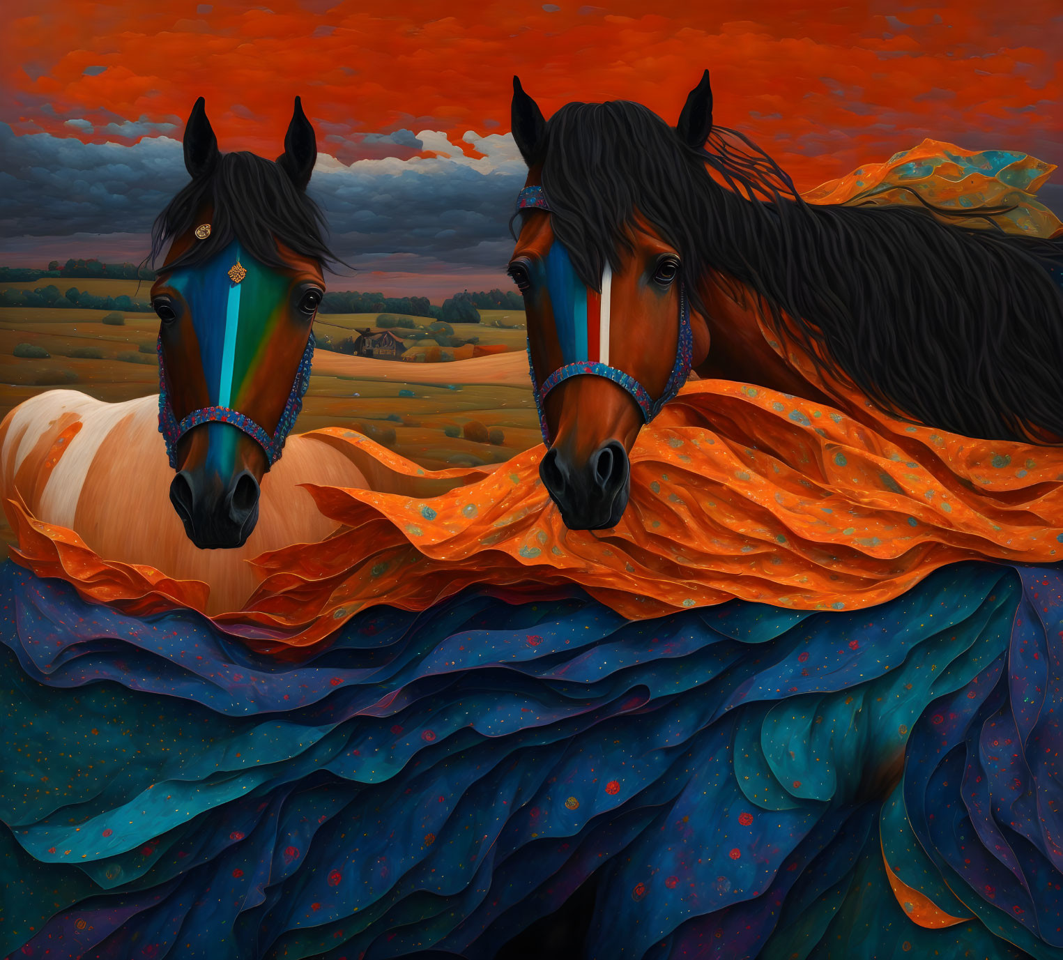 Colorful Bridled Horses in Vibrant Landscape with Orange and Blue Patterns