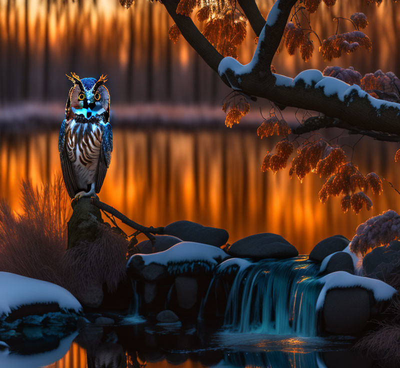 Owl perched on snowy branch above tranquil stream at twilight