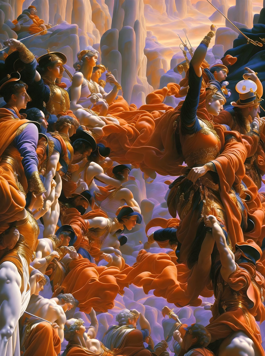 Fantastical Scene with Characters in Orange Garb and Blue Pillars