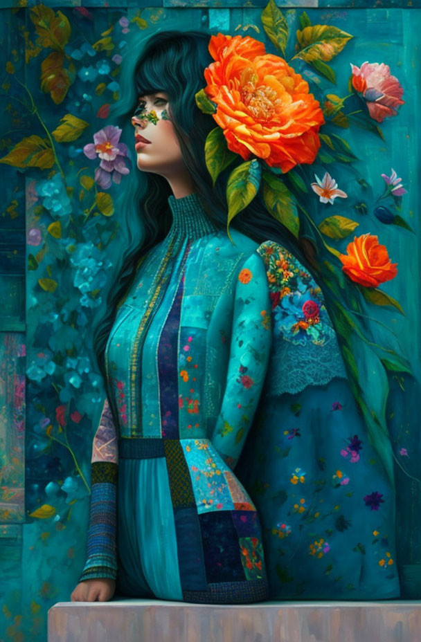 Colorful illustration of woman with flowers in blue and green hues