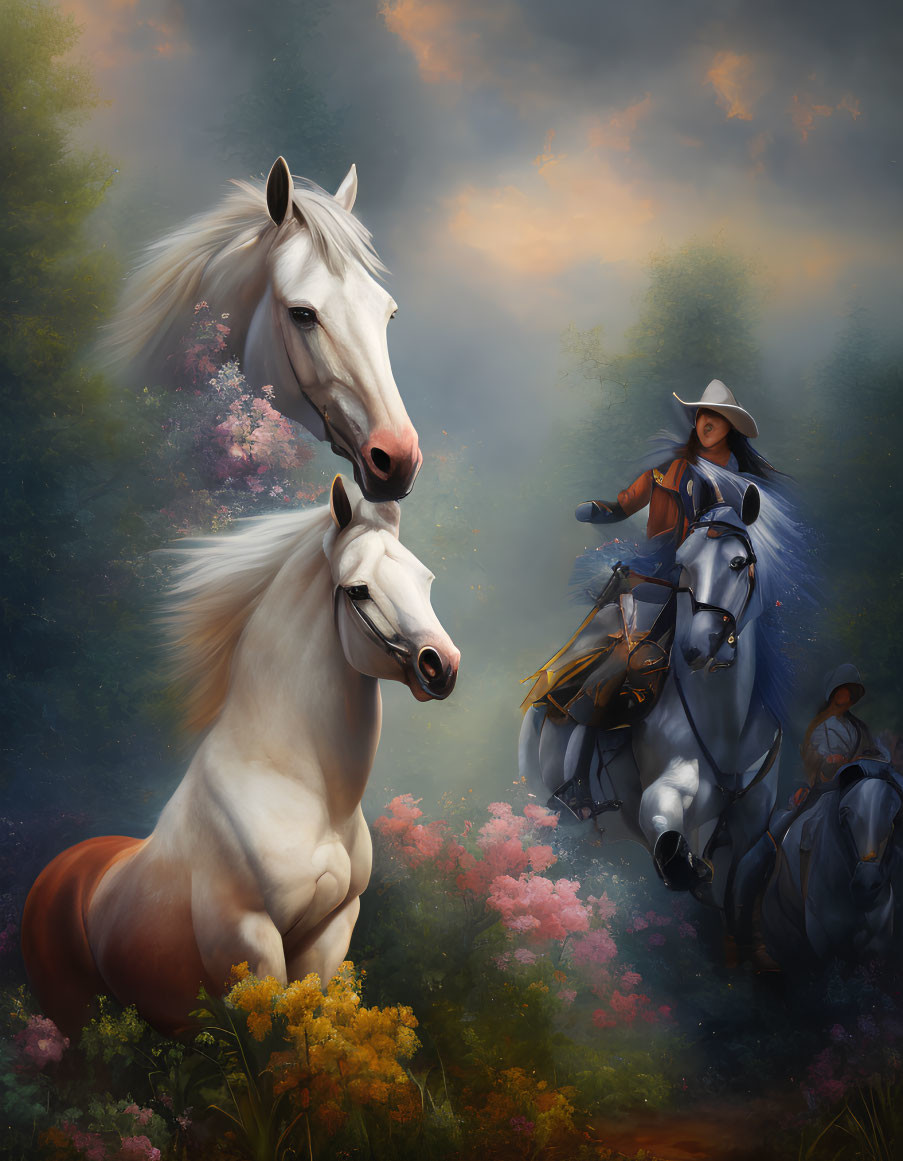 Majestic horses and riders in blue cloaks in a blossoming landscape