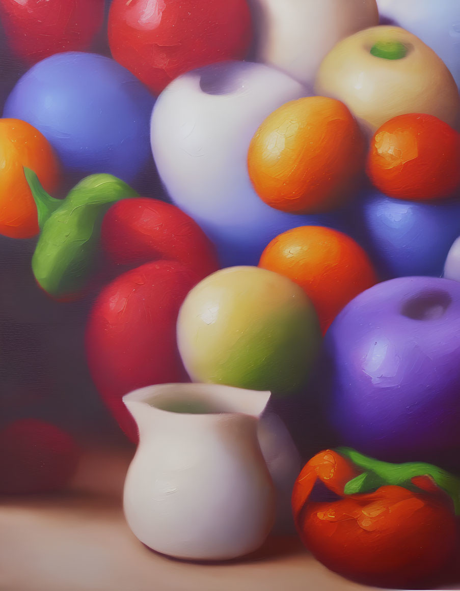 Vivid Fruit Still Life with White Pitcher and Soft Lighting